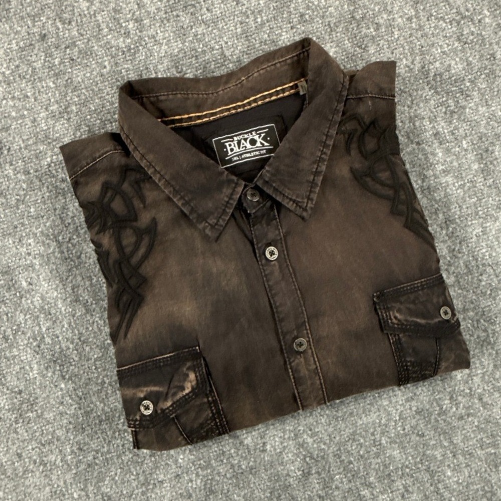 Buckle Black Mens 3XL Brown Wash Long Sleeve Embroidered Western Shirt NEW